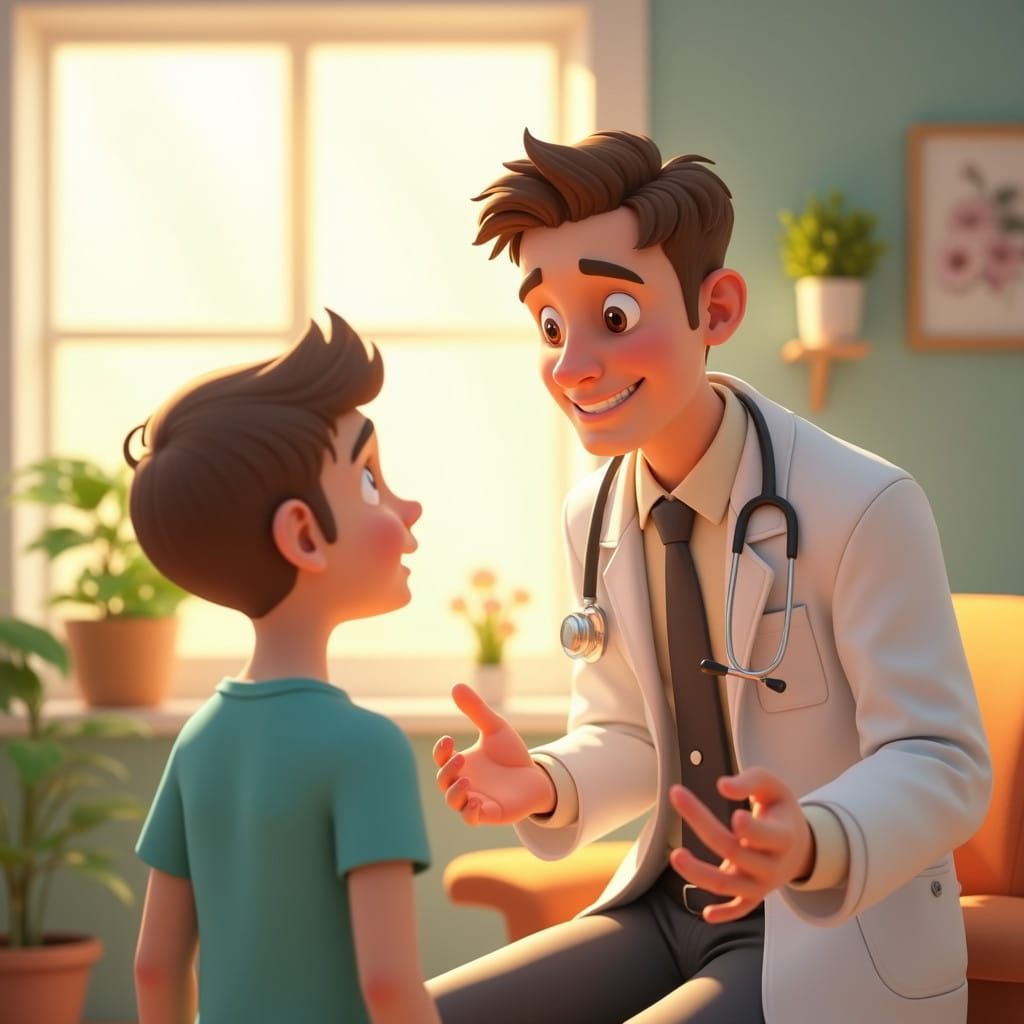 Heartwarming Doctor and Boy Interaction in Whimsical Style