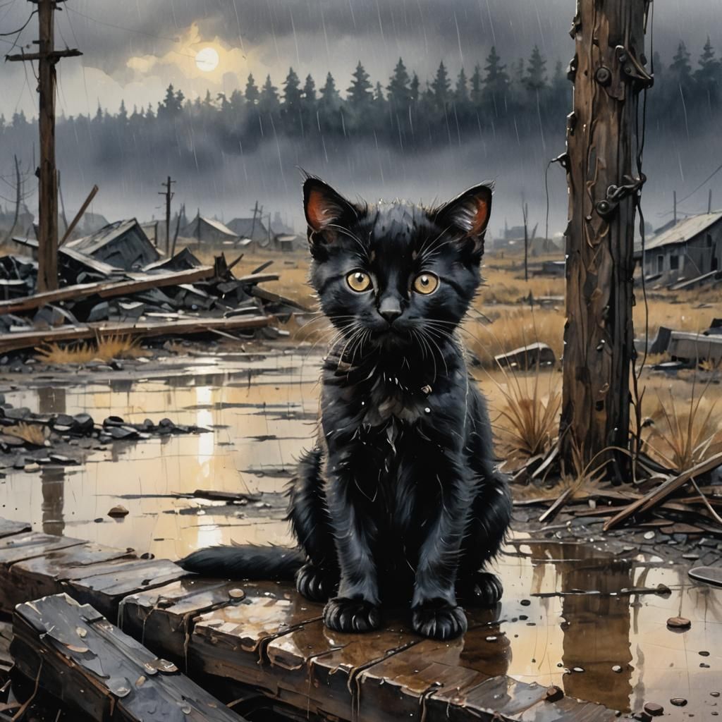 Heart-wrenching Black Kitten in Post-Apocalyptic Landscape