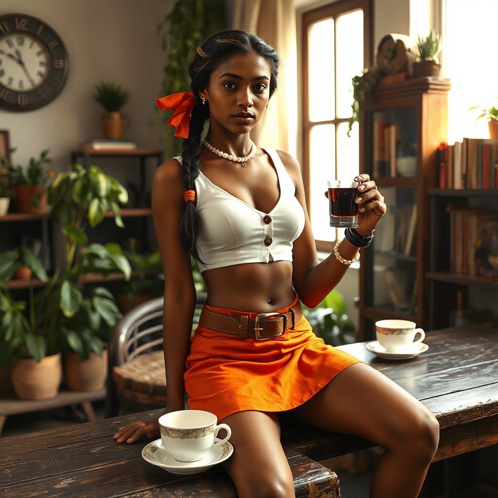 Confident Indian Woman with Braids in Cosy Room