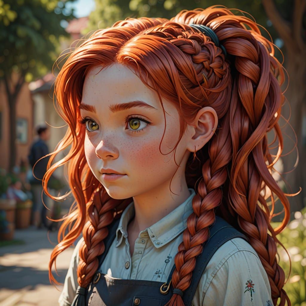 Red-Haired Girl with Braids: Vibrant Digital Art