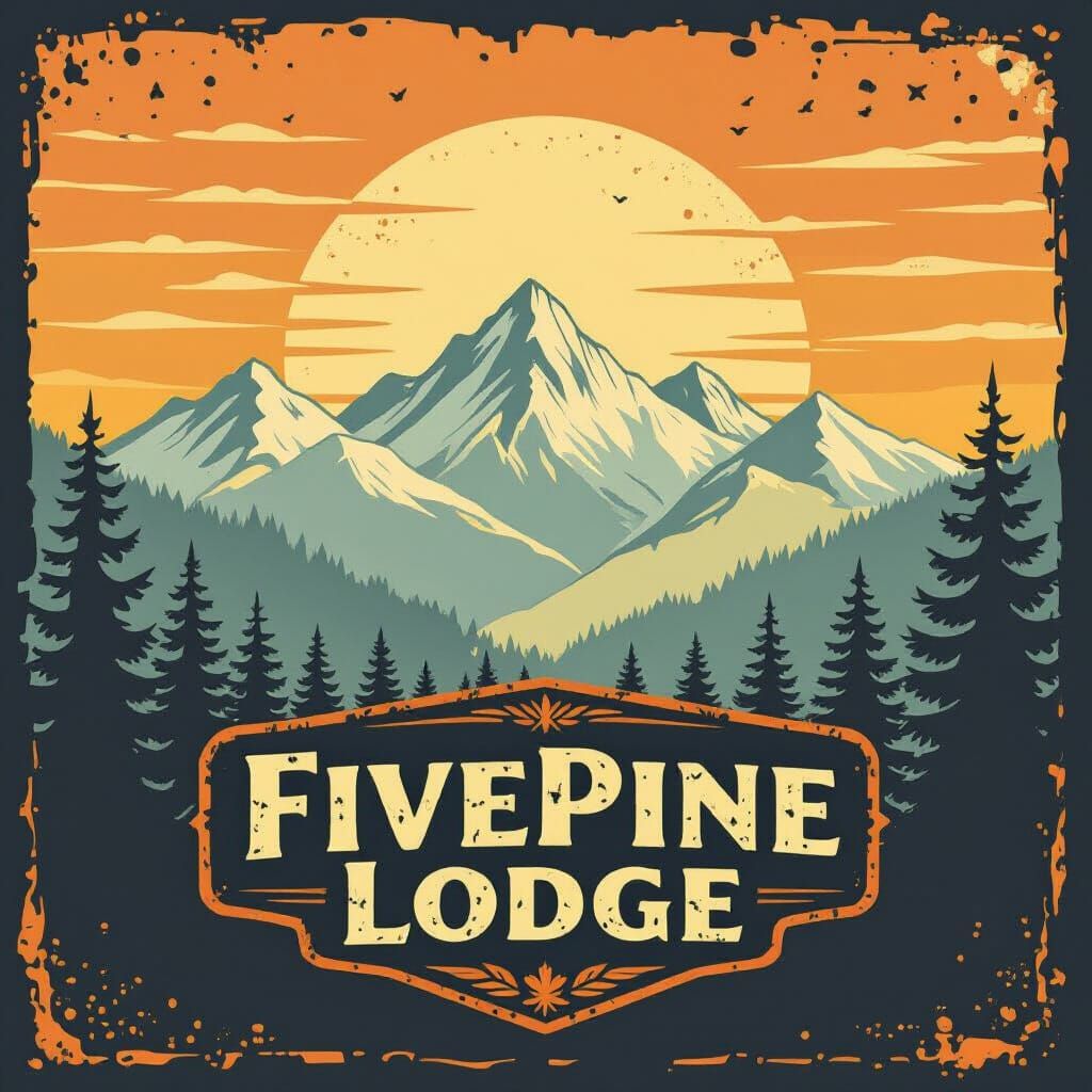 Vintage FivePine Lodge Logo with Mountain Scene