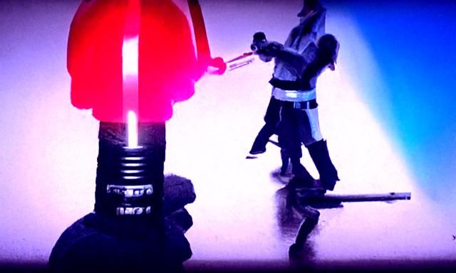 Intense Lightsaber Duel in Science Fiction Setting