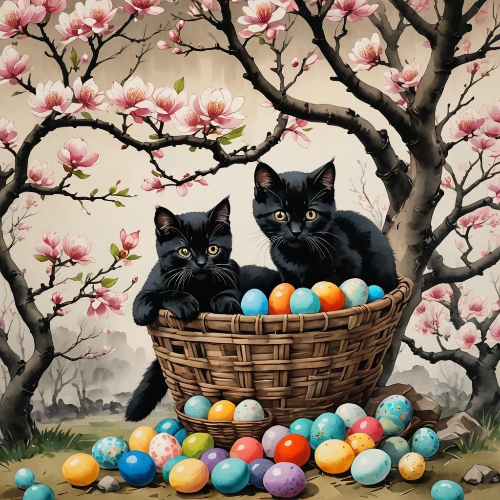 Kittens and Easter Eggs in Ink Painting