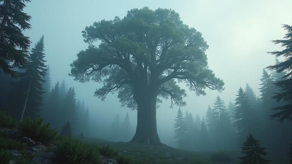 Giant Cedar Tree in Foggy Sky, Photorealistic 8K