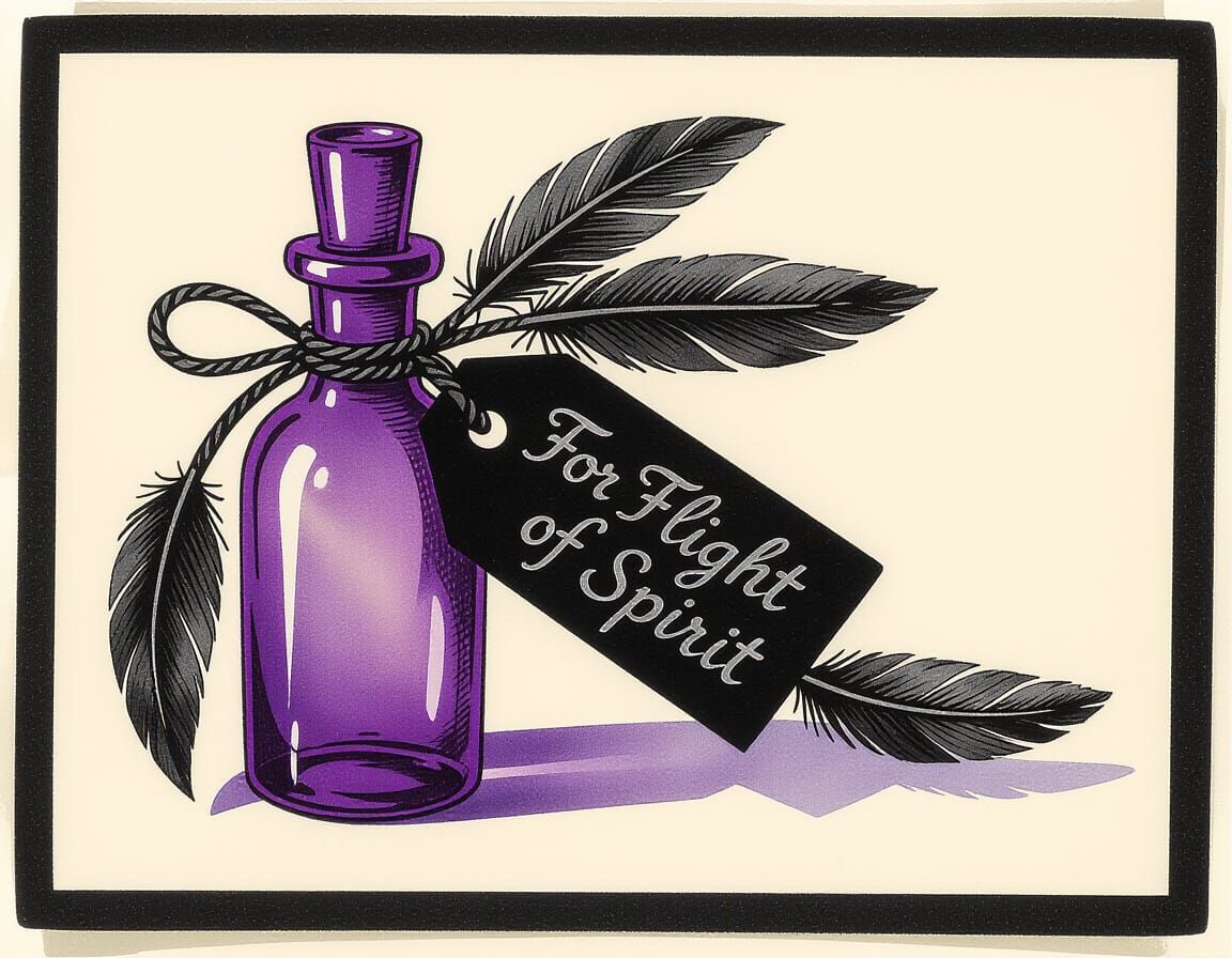 Amethyst Vial with Raven Feathers and Wing Label