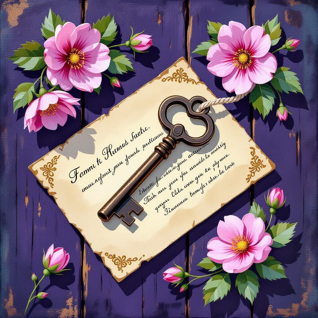 Vintage Key on Violet Plank with Blossoming Flowers in Gouac...
