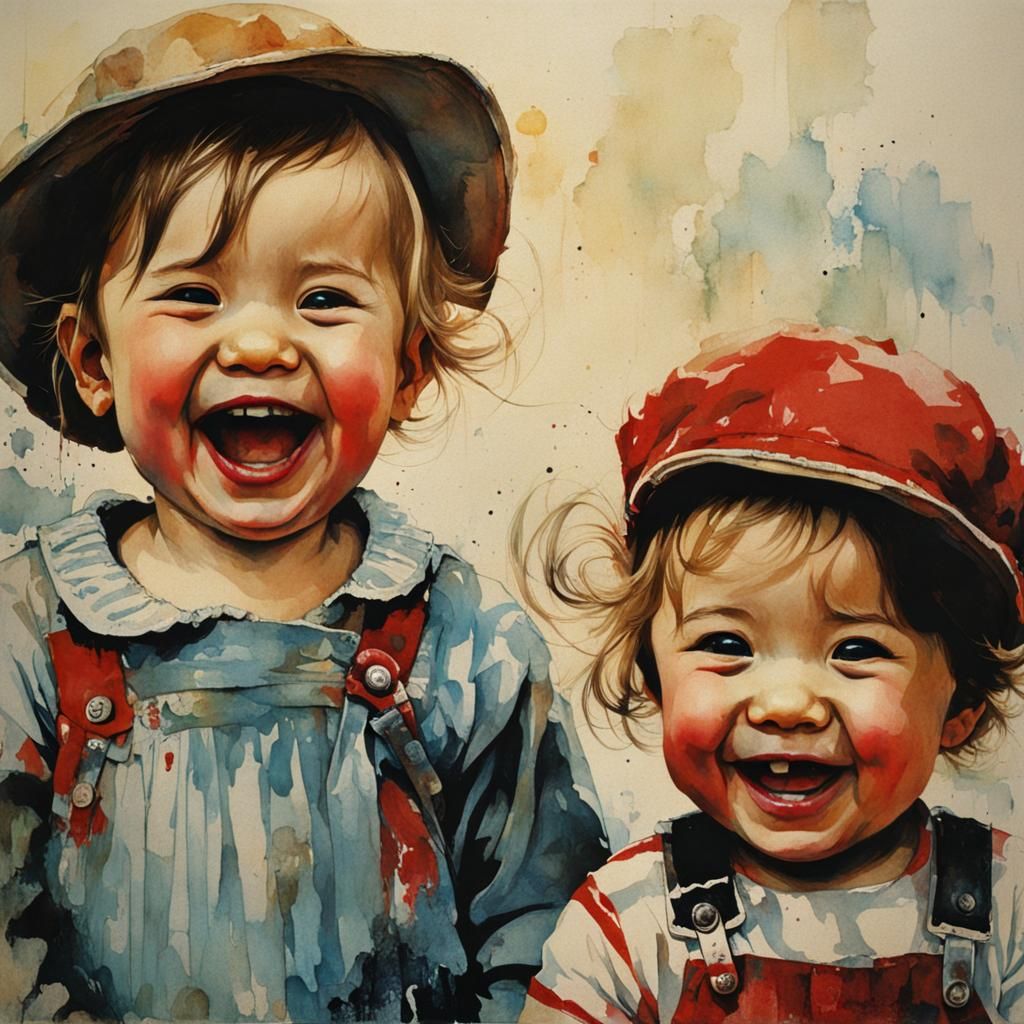 Laughing Toddler Siblings in Pop Surrealist Style