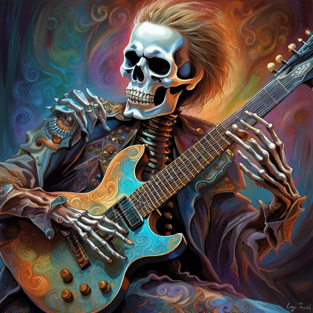 Skeleton Guitarist on Stage in Rococo Art Style