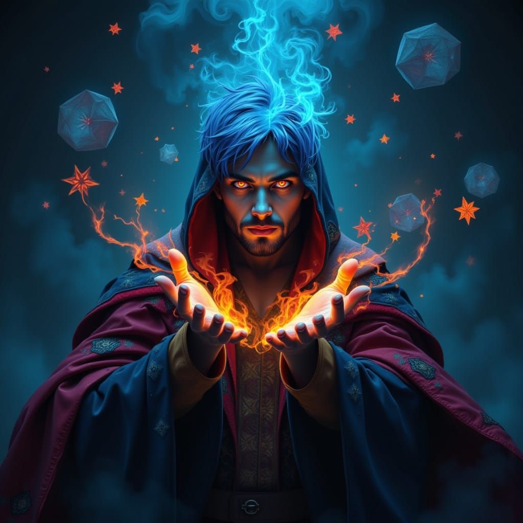 Blue Haired Wizard Casting Fiery Fractal Spell