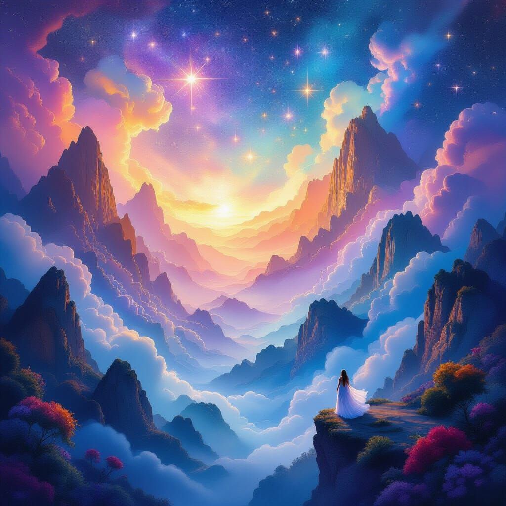 Cosmic Dreamscape of Radiant Worlds and Starlit Mist