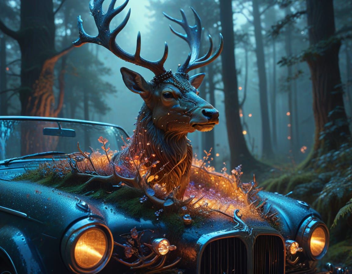 Surreal Stag Drives Crystal-Antlered Car