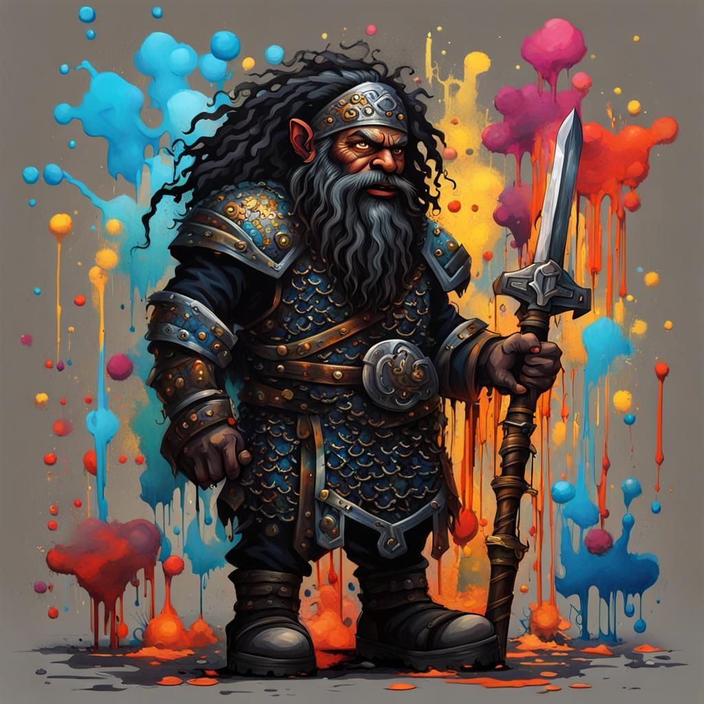 Dwarf Warrior with Flaming Sword in Graffiti Style
