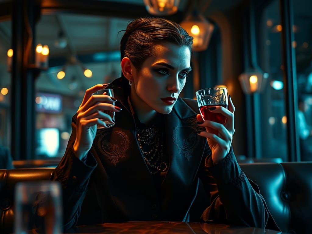 Elegant Vampire Sits in Nighttime Café with Crystal Glass