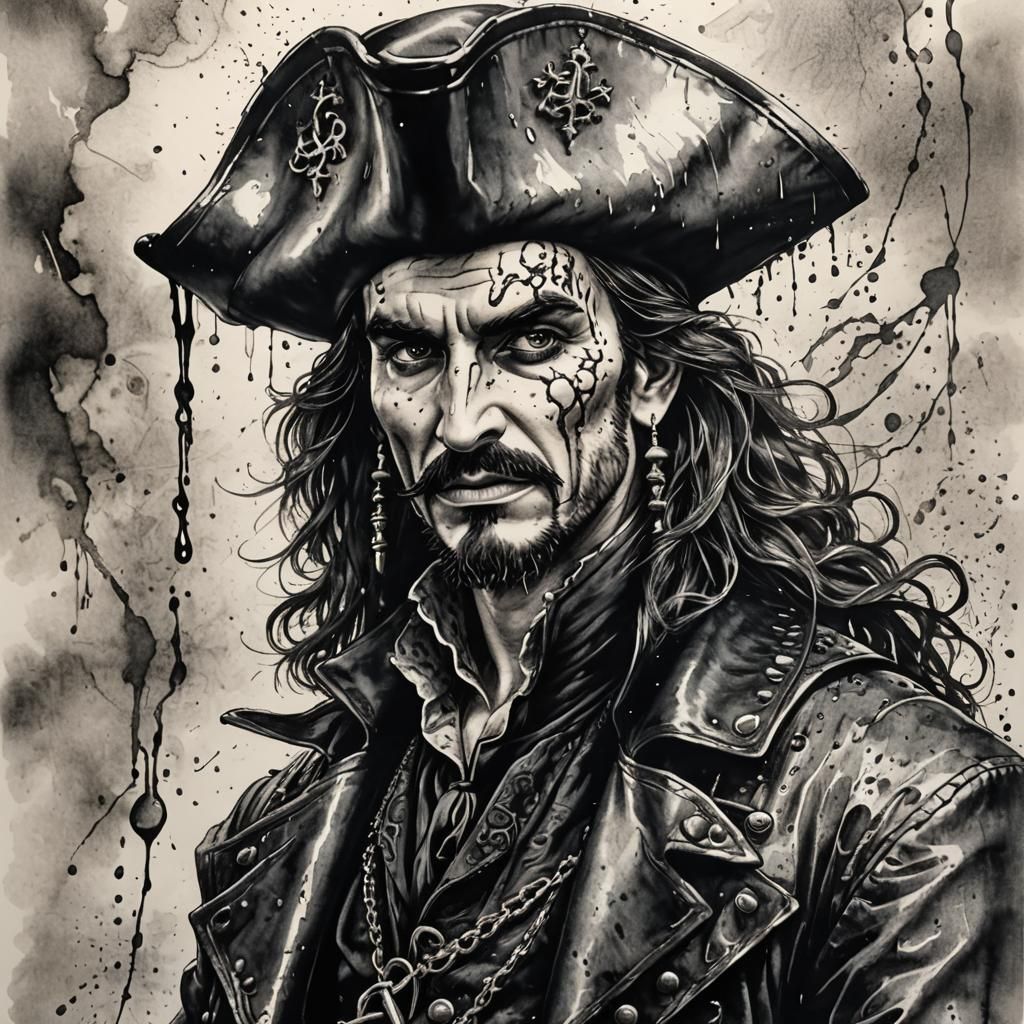 Captain Hook Portrait in Cross Hatching Pen Ink Style