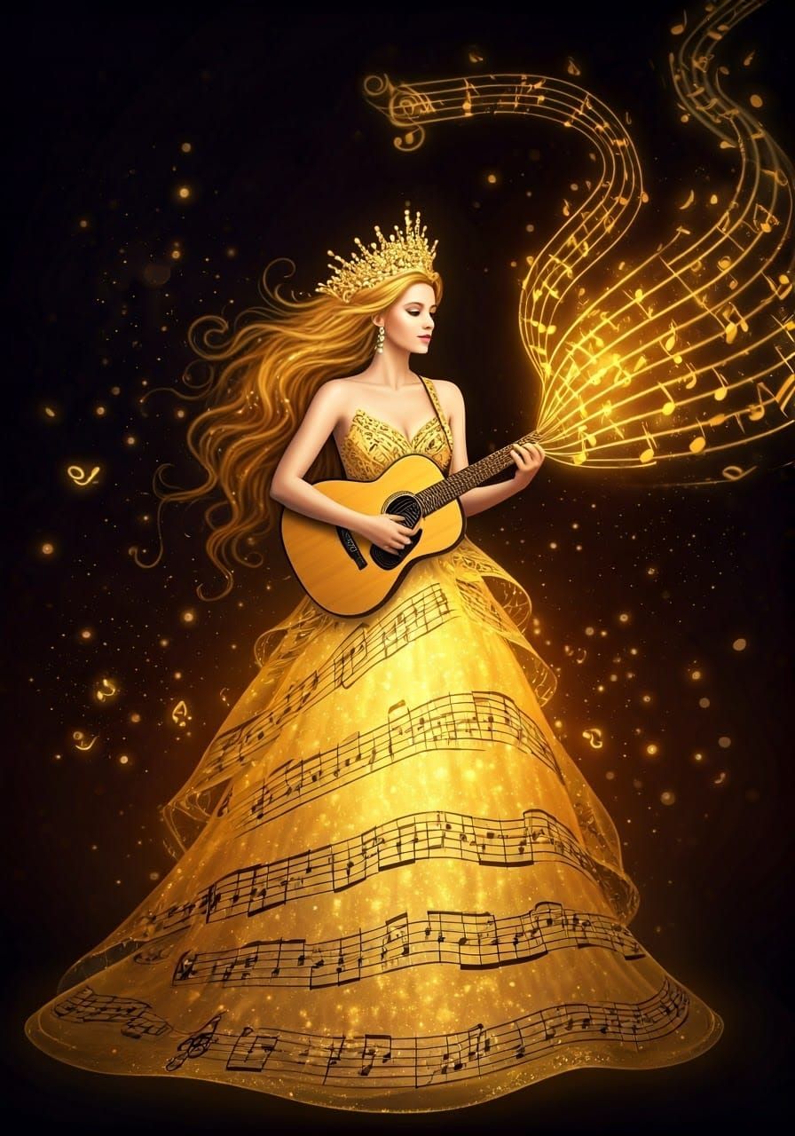 Luminous Woman in Music Note Gown Fantasy Art