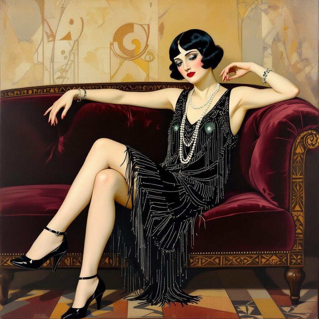 Flapper Louise Brooks on Velvet Couch in Art Deco Style