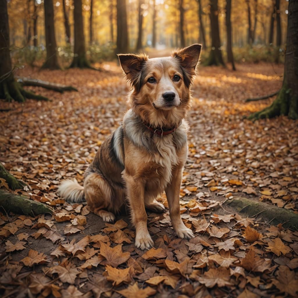 Cute Dog Portrait in Autumn Woods: Digital Art