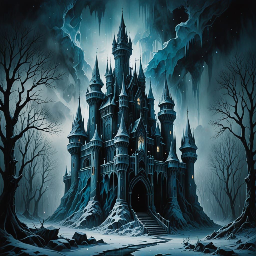 Gothic Ice Castle in Dreamy Alcohol Ink Style