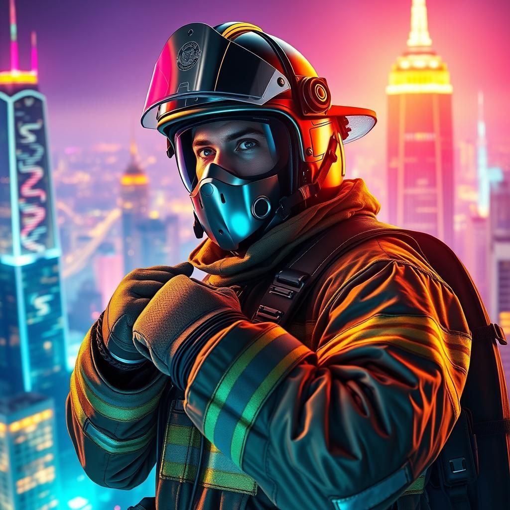Heroic Firefighter in Futuristic Cityscape