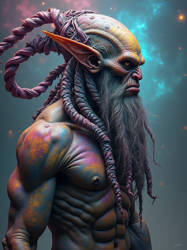 Orc alien with a long, braided beard posing for ORC DAILY