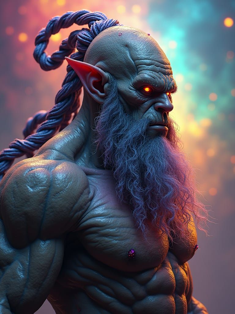 Orc alien with a long, braided beard posing for ORC DAILY