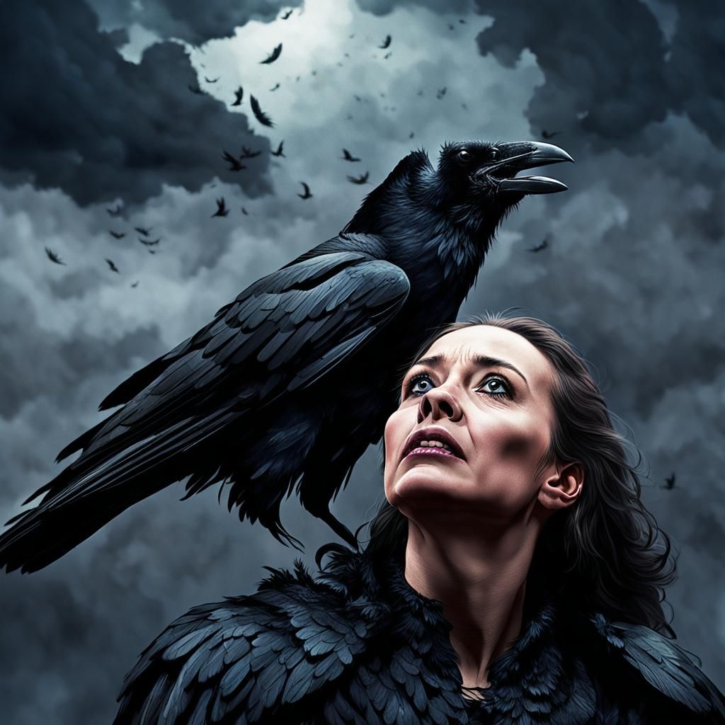 Woman and Raven Portrait in Dark Fantasy Style