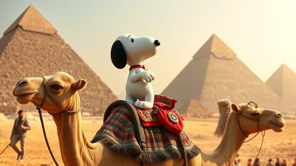 Snoopy Rides Camel Among Ancient Egyptian Pyramids