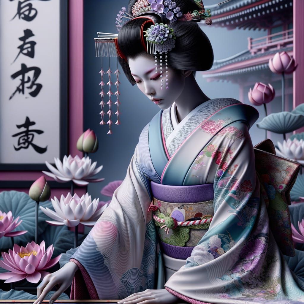 Graceful Geisha in Pastel Kimono: Hyperrealistic Art