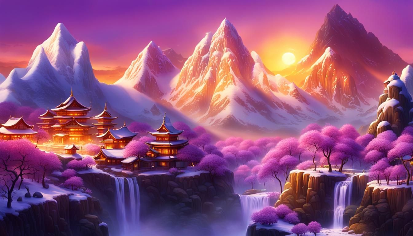 Ethereal Fantasy Landscape with Vibrant Oriental Pagodas