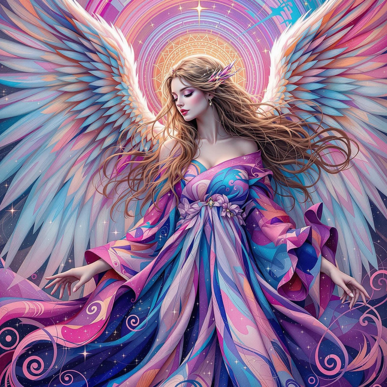 Angel in Vibrant Tie-Dyed Robe with Feathery Wings
