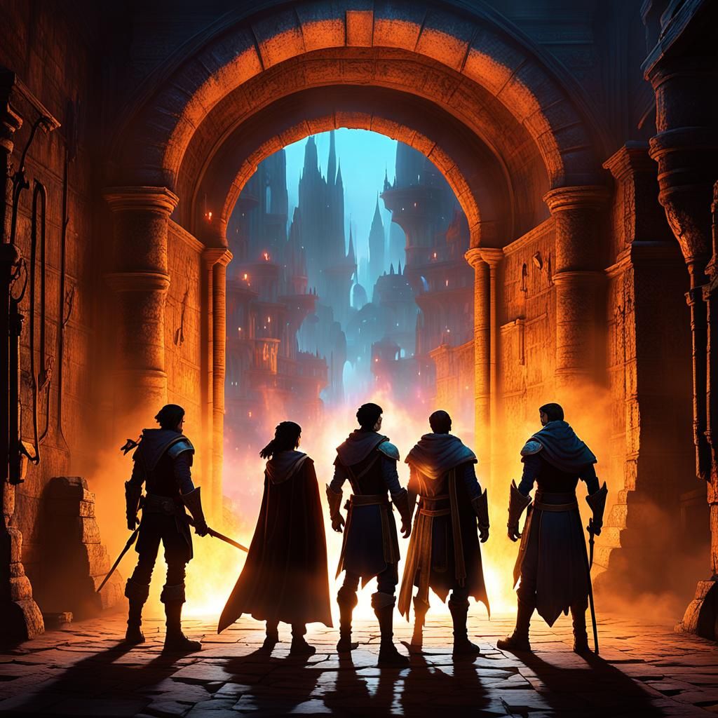 Fantasy Heroes Gaze at Portal in Inter-planar City