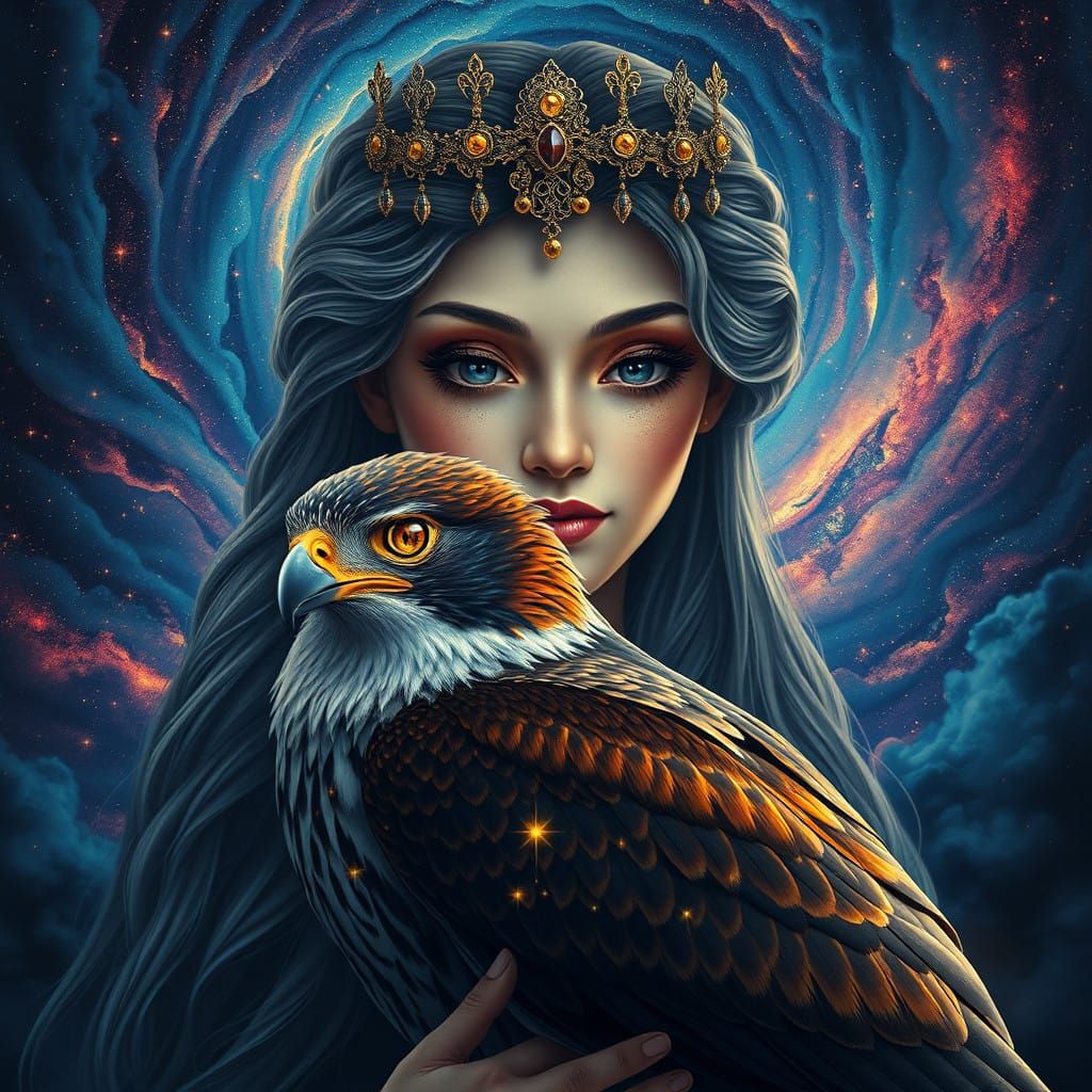 Ethereal Woman Holds Regal Peregrine Falcon Under Night Sky