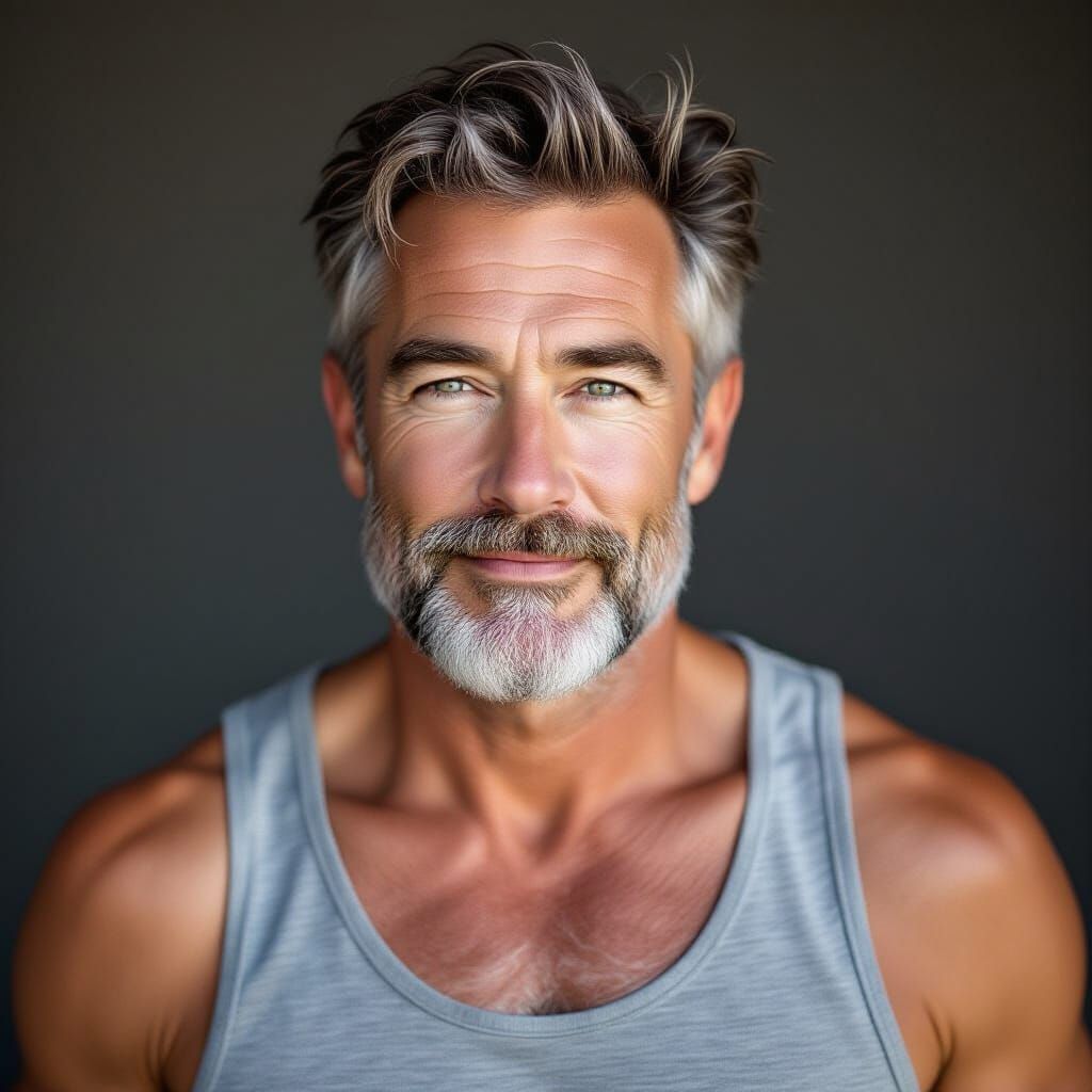 Close-Up Portrait of Older Man in Grey Singlet