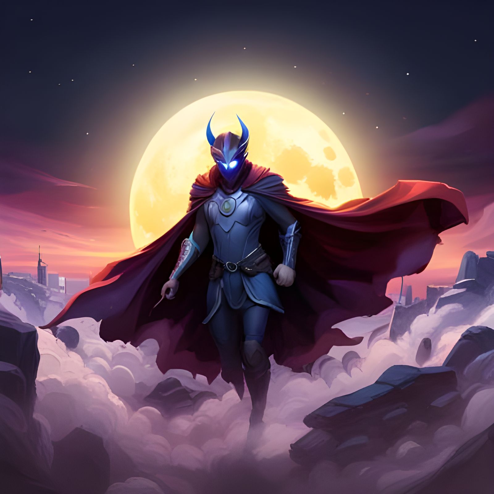 Masked Figure Ascends in a Dark Fantasy Landscape