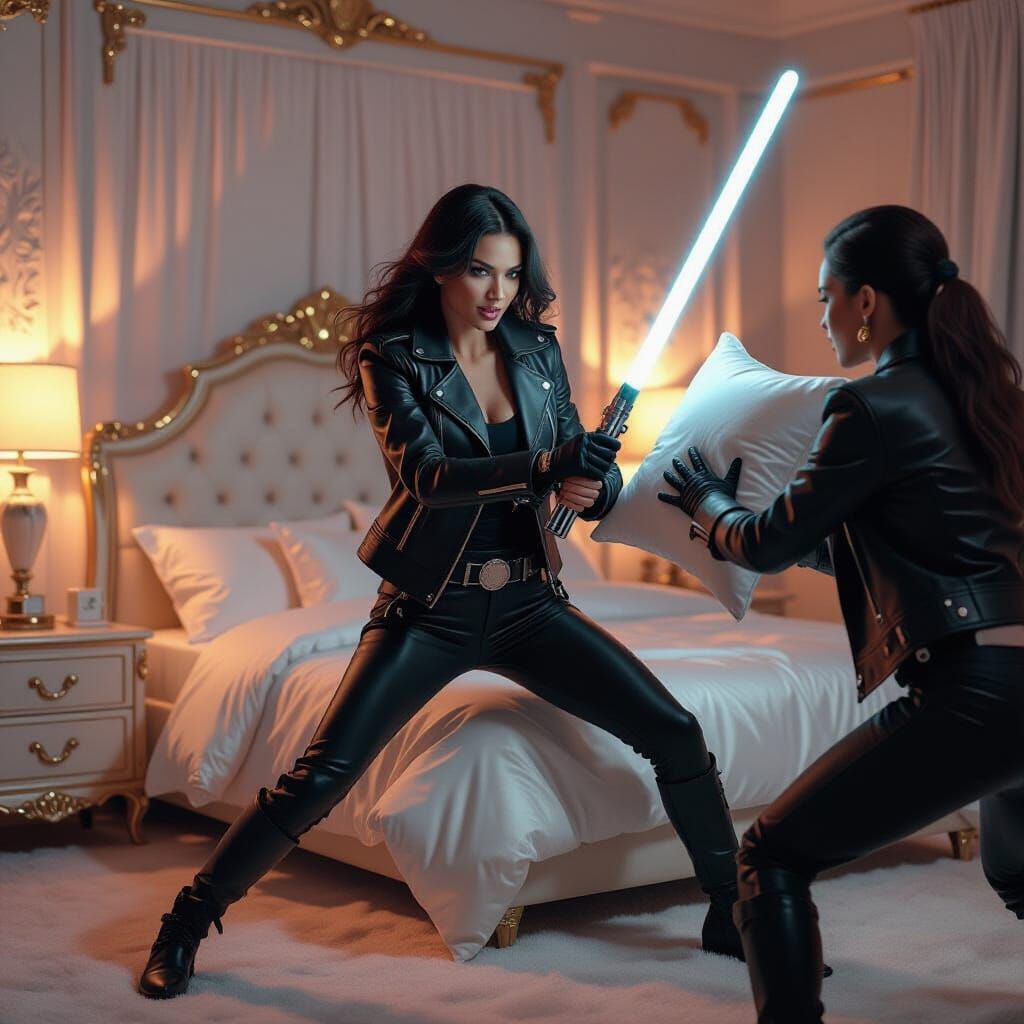 Woman-Biker-Jedi Pillow Fight in Futuristic Bedroom