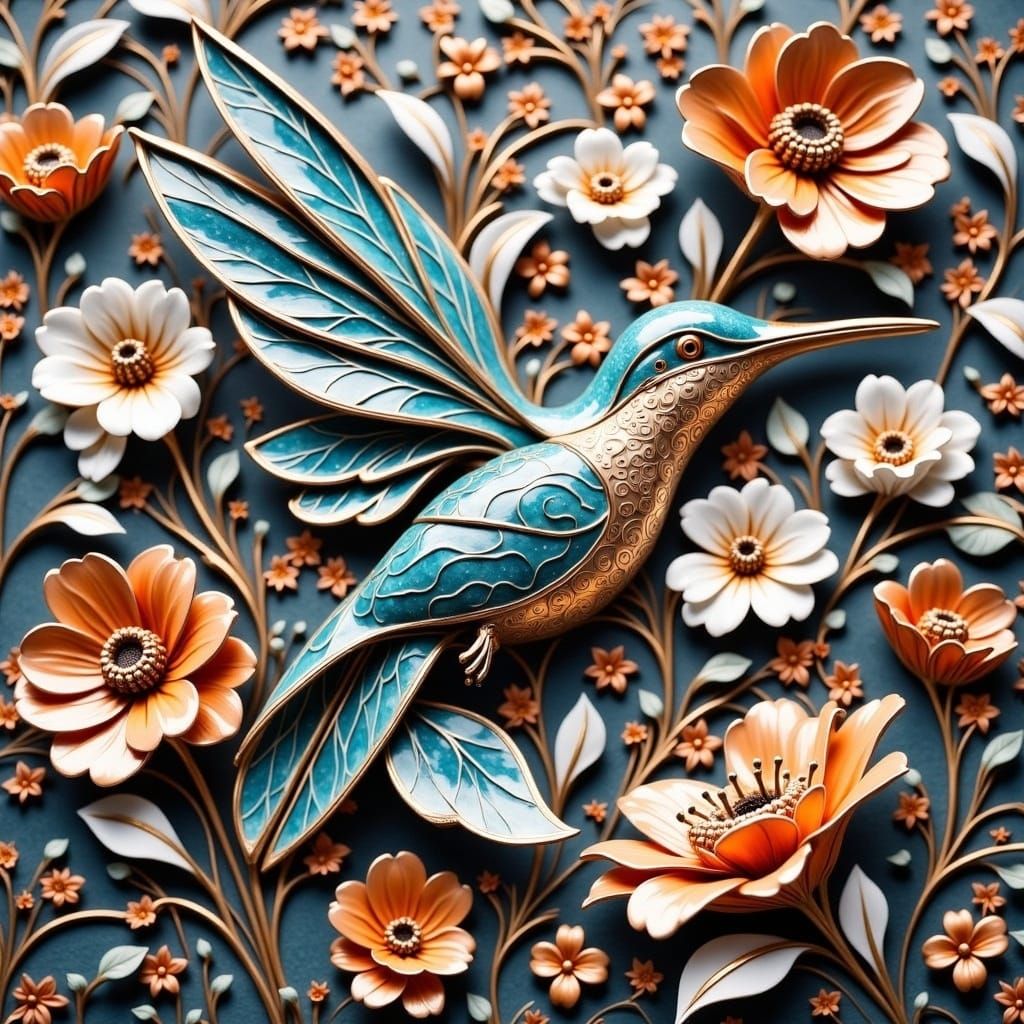 Hummingbird with Metal Flowers: Digital Art