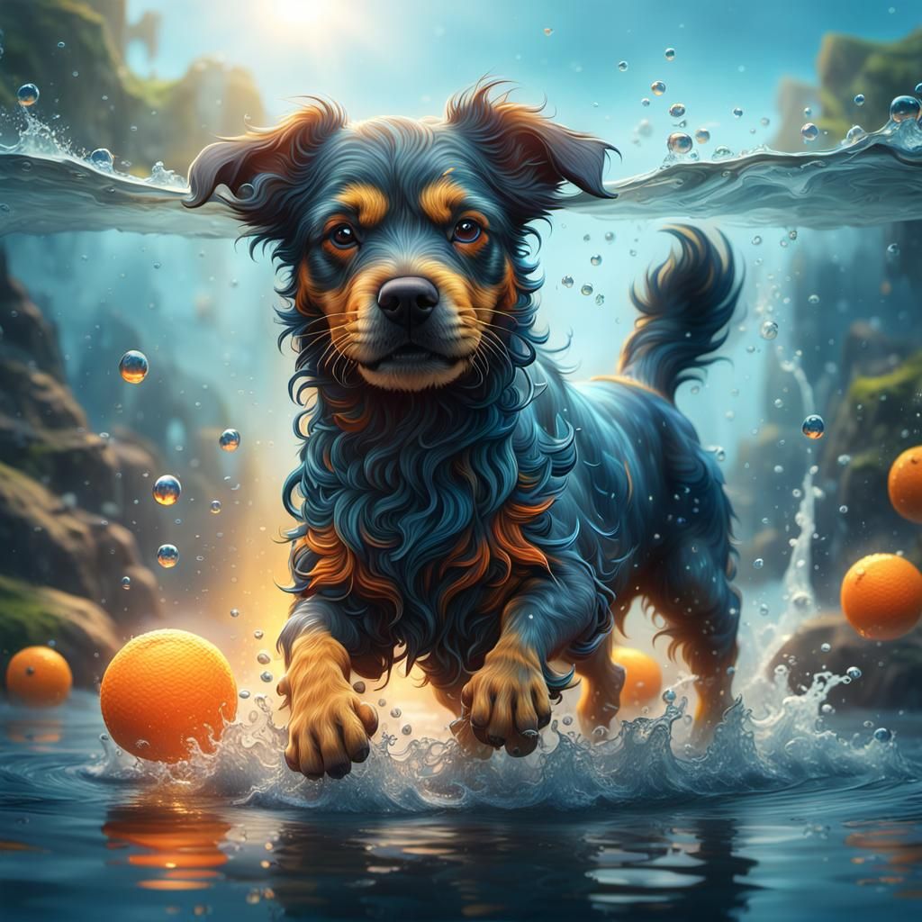 Surreal Dream of a Happy Dog in the Water