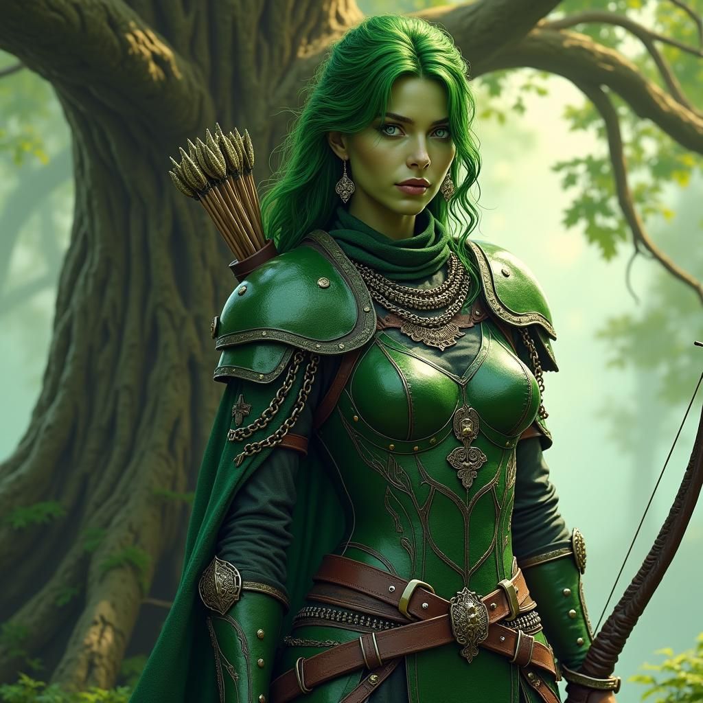 Green-Skinned Warrior in Mystical Forest, Fantasy Art