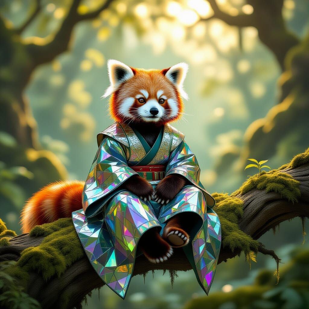 Red Panda in Shimmering Glass Robes on Ancient Branch