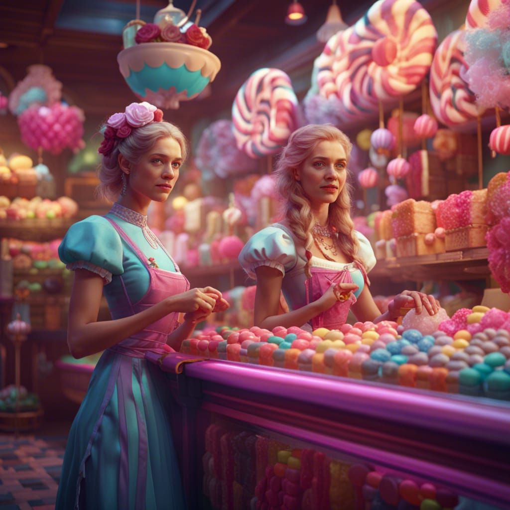 Buxom Women in Candy Shop: Detailed Fantasy Art