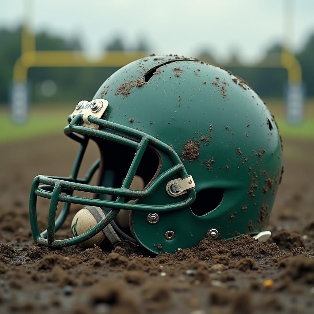 Dented Football Helmet Amidst a Muddy Sports Scene