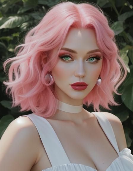 Girl with Pink Hair, Lipstick and Green Eyes