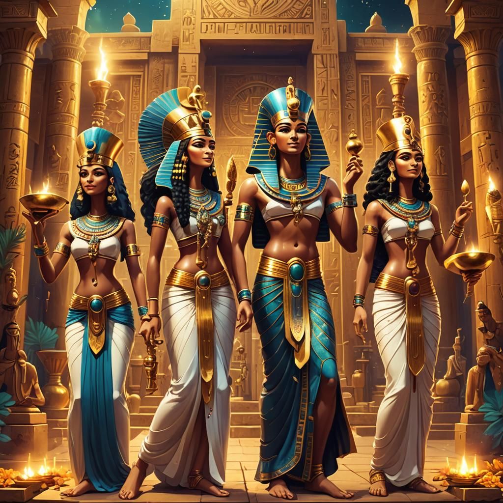 Egyptian Priests Offering Lotus Flowers at Temple