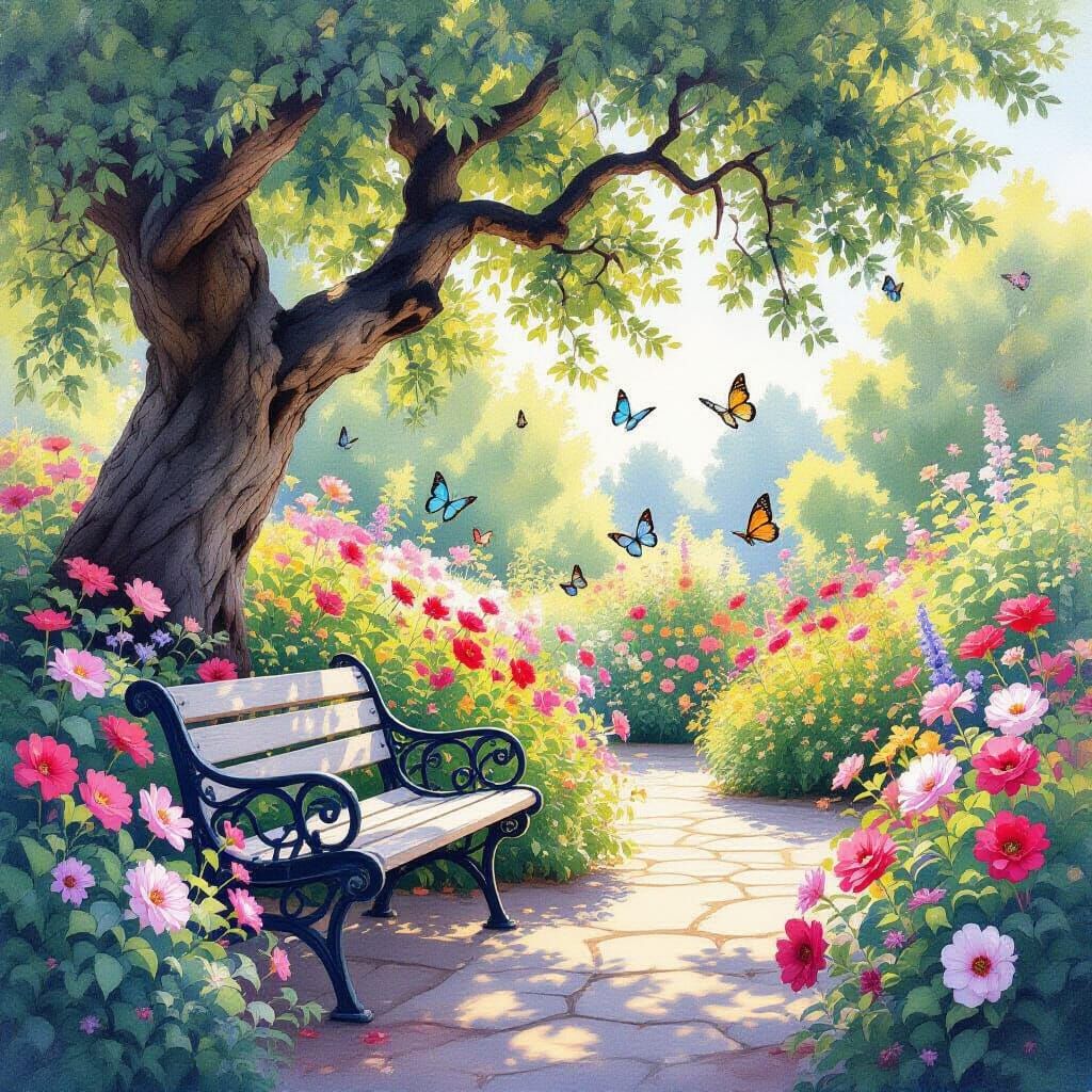 Luminous Garden with Stained-Glass Butterflies in Impression...