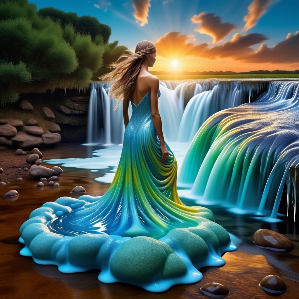 Ethereal Woman Sculpture at Waterfall