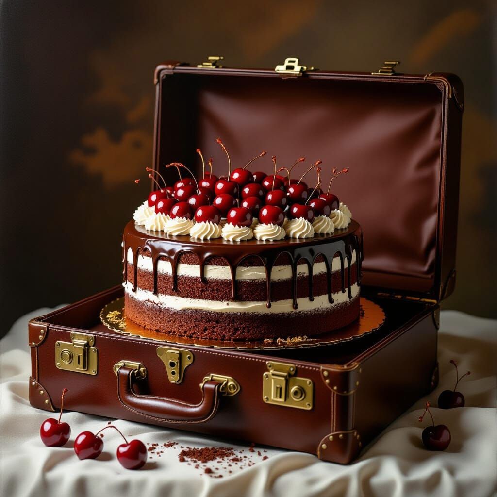 Surreal Suitcase Overflowing with Decadent Cake