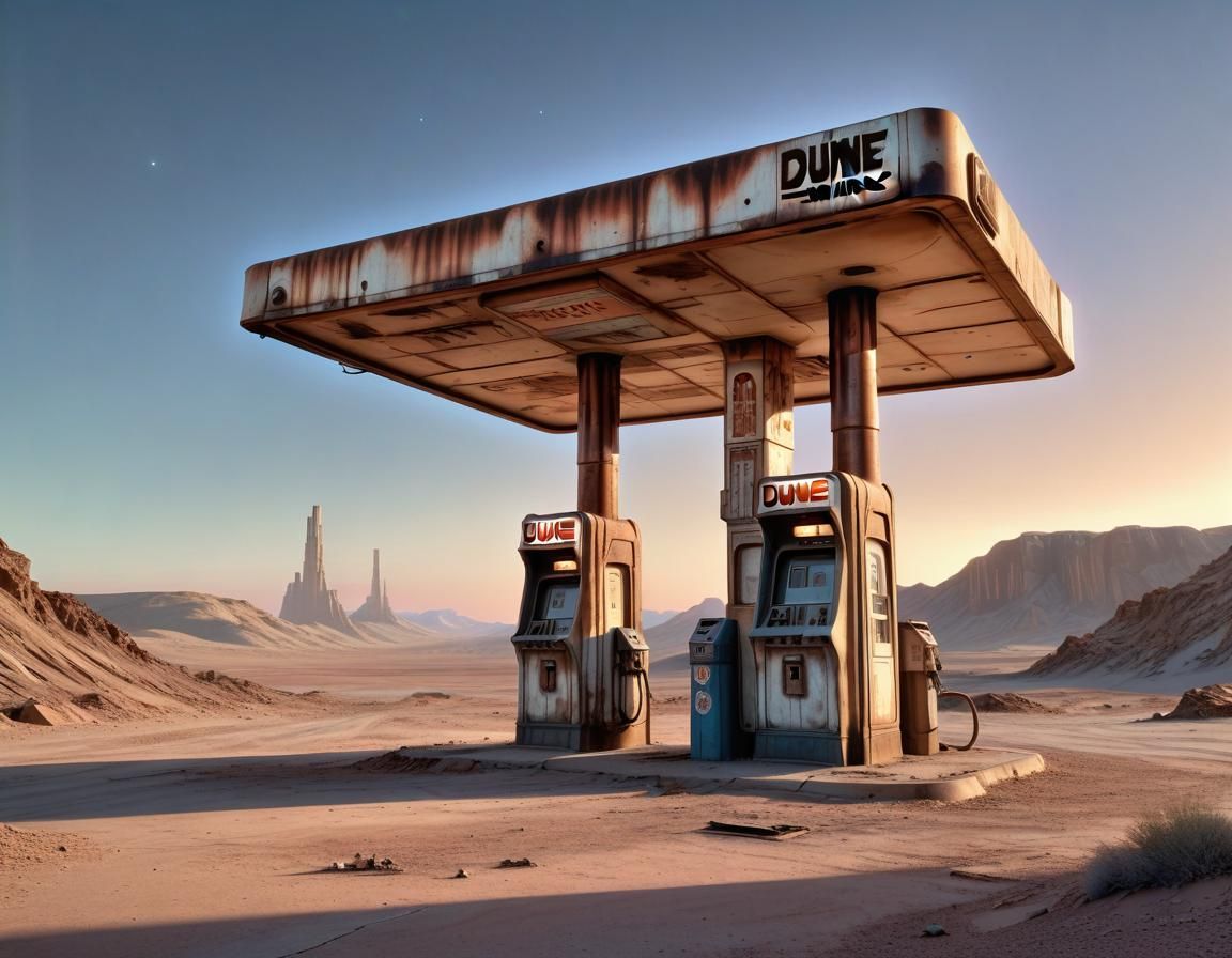 Martian Desert Gas Station at Sunset