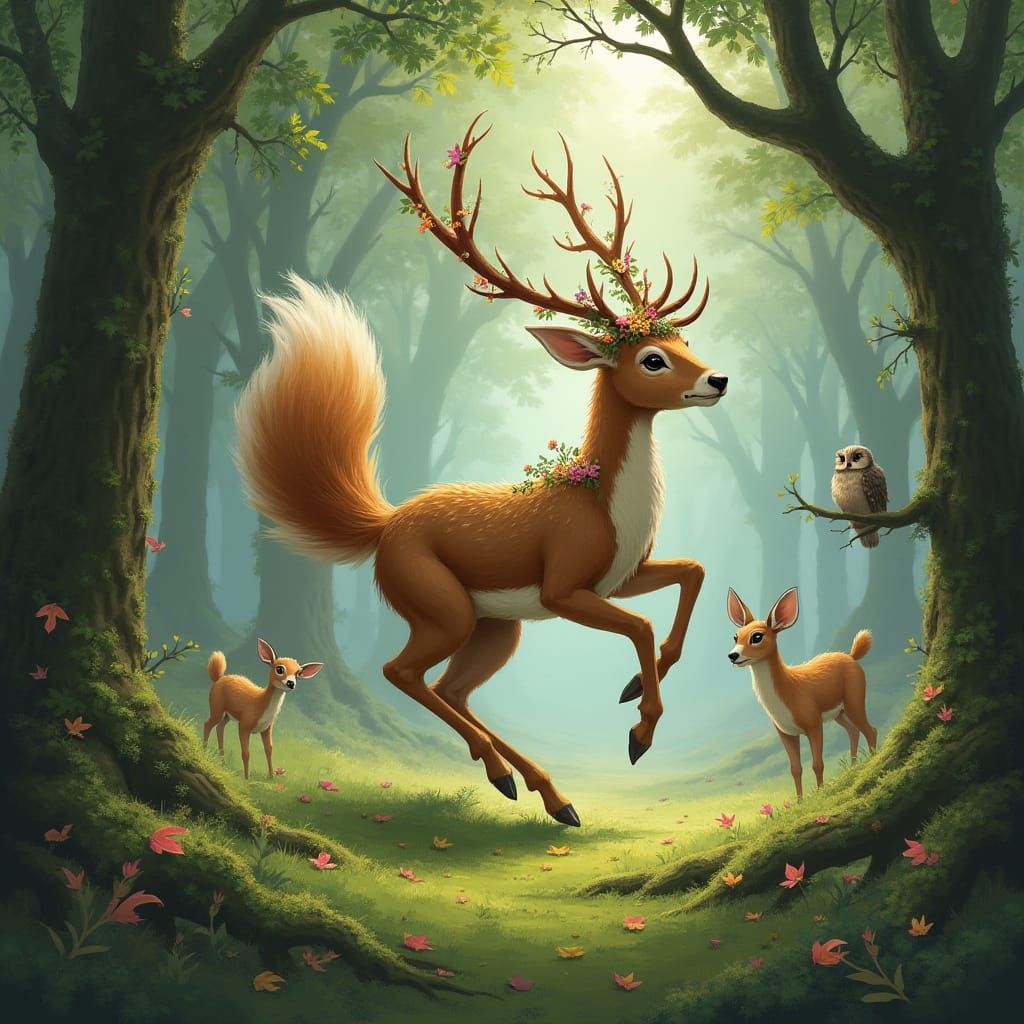 Majestic Squirrel Deer Hybrid Leaps through Ancient Forest