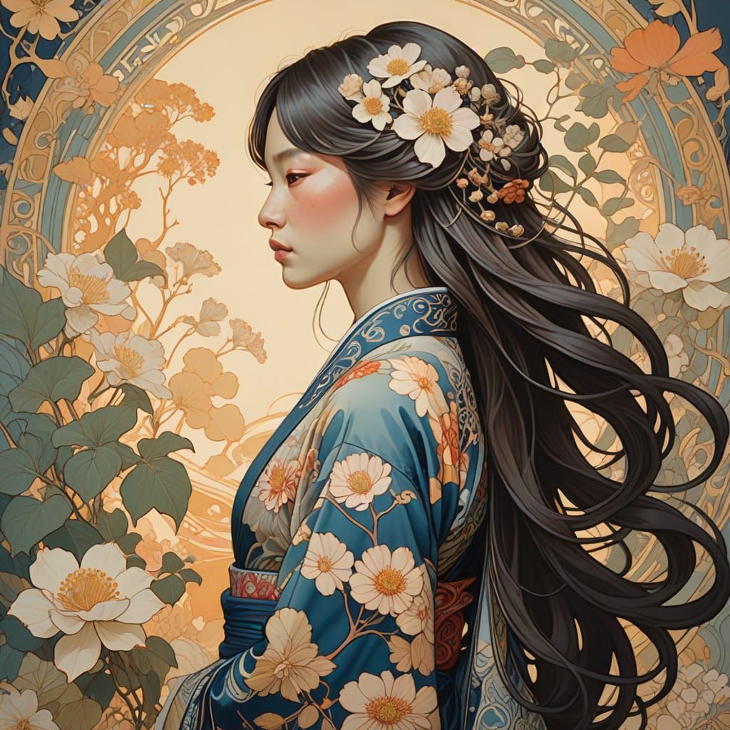 Beautiful Woman in Art Nouveau Kimono with Delicate Flower