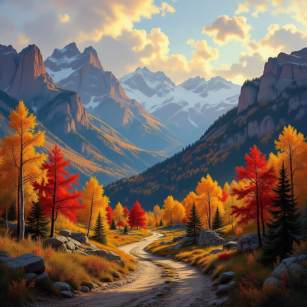 Autumn Mountain Pass Oil Painting in Grand Style